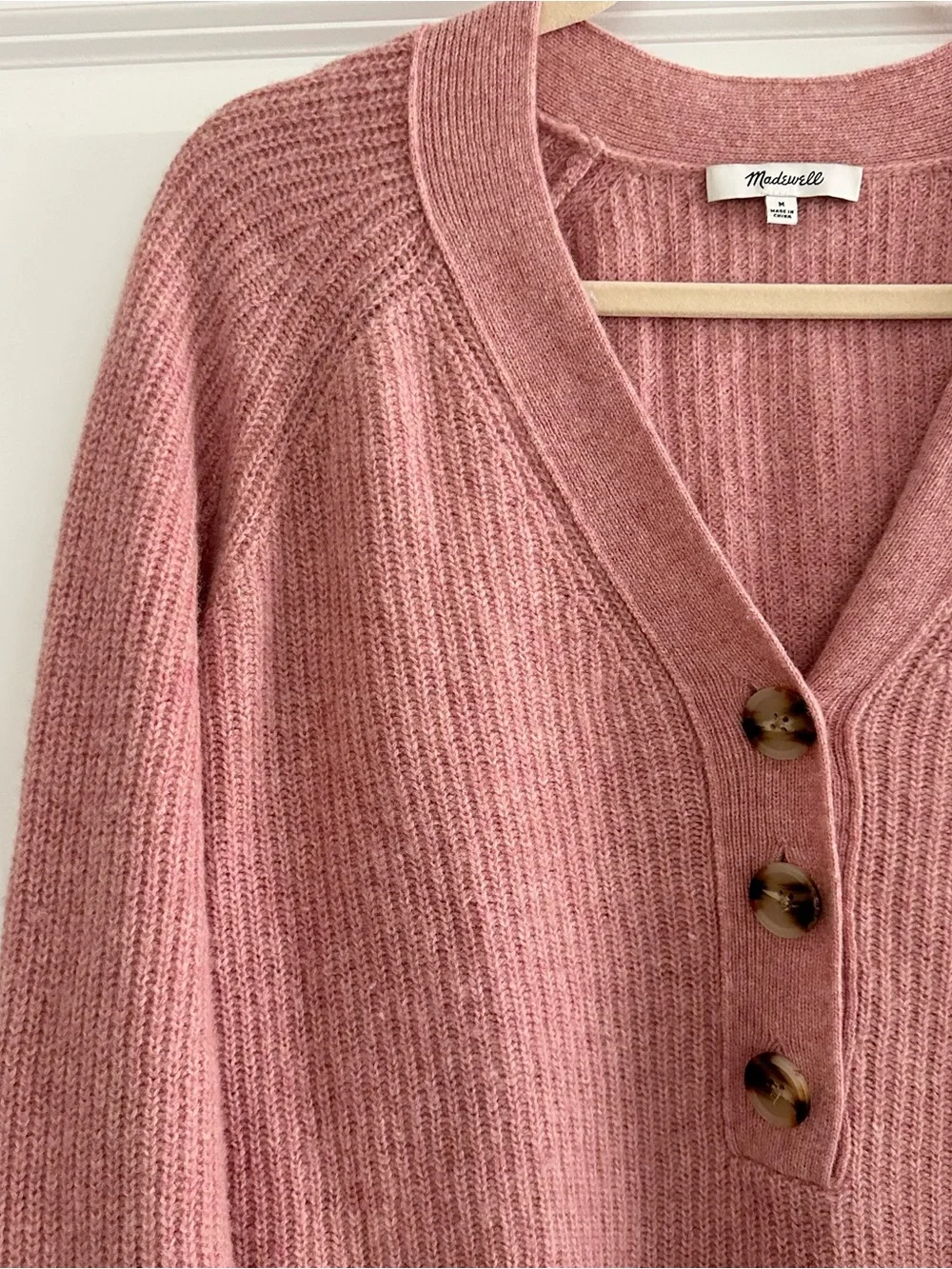 Madewell Merino Wool Pink V-Neck Button Front Lyle Rib Henley Pullover Sweater